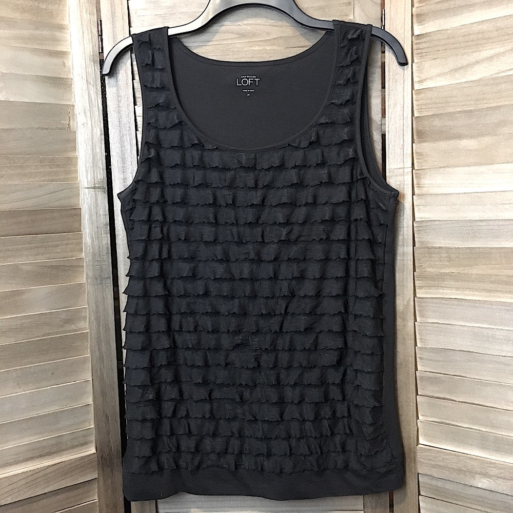 LOFT Black Tank Top with Layered Ruffle Detail, Medium